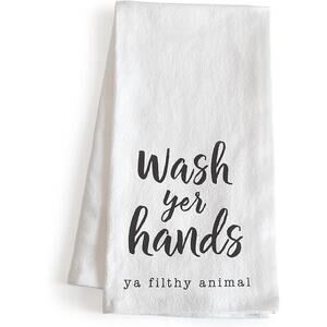 Main Event Wash Your Hands Ya Filthy Animal Kitchen Dish Towel New White Black